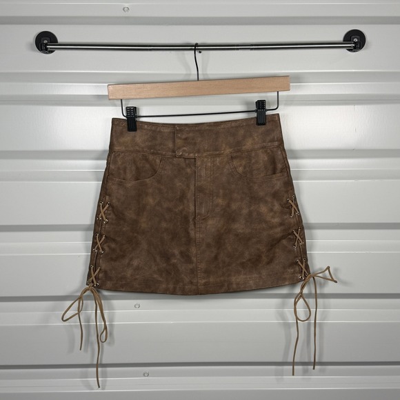 Princess Polly Dresses & Skirts - Princess Polly Brown Ceejay Lace-Up Faux Leather Miniskirt Size 2 US